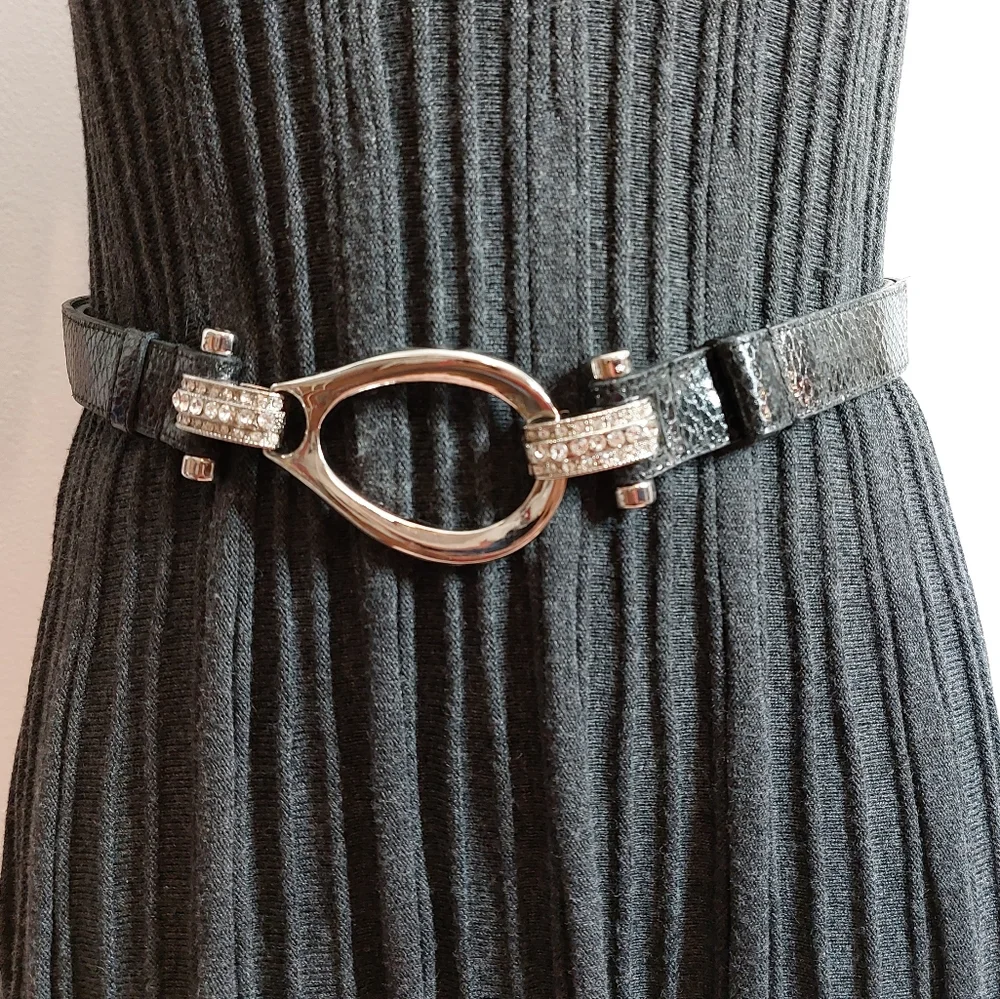 Silver & Black Snakeskin Belt adjustable Rhinestone Embellished One Size OSFA - Picture 2 of 8